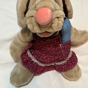 Plush Dog Toy in Beige with Burgundy Dress and Pink Nose